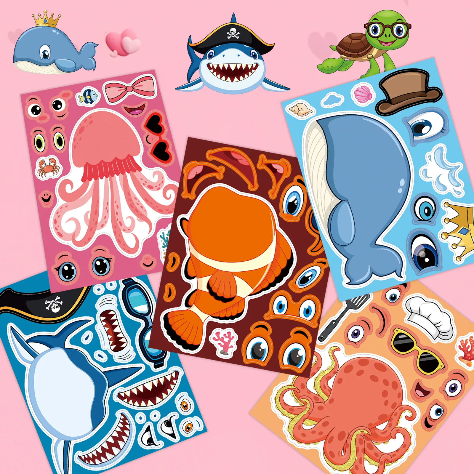 8 Sheets/pack Marine Animal Puzzle Stickers Make a Face Stickers Luggage Notebook Handbook DIY Decoration Waterproof Stickers