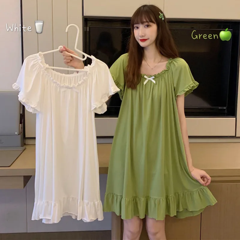 2023 Womens Nightdress Cotton Short Sleeve Nightgowns Sleepshirt Sweet Girl Loose Home Dressing Gown Pajamas for Women Plus Size