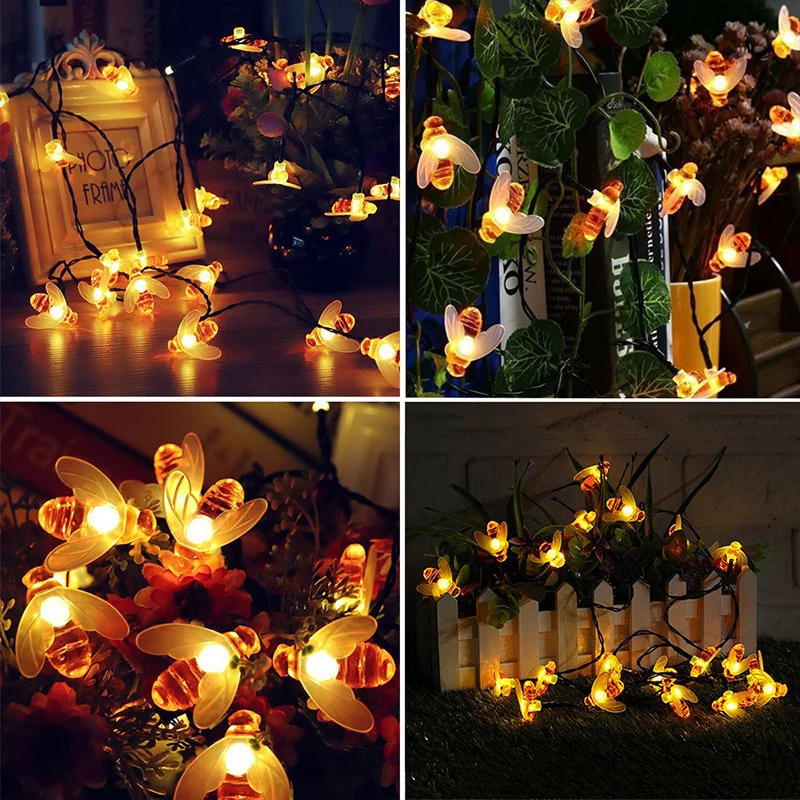 Solar Fairy Bee String Lights Garlands Garden Christmas Wedding Holiday Decoration Outdoor LED 8 Mode Thanksgiving Day Decor
