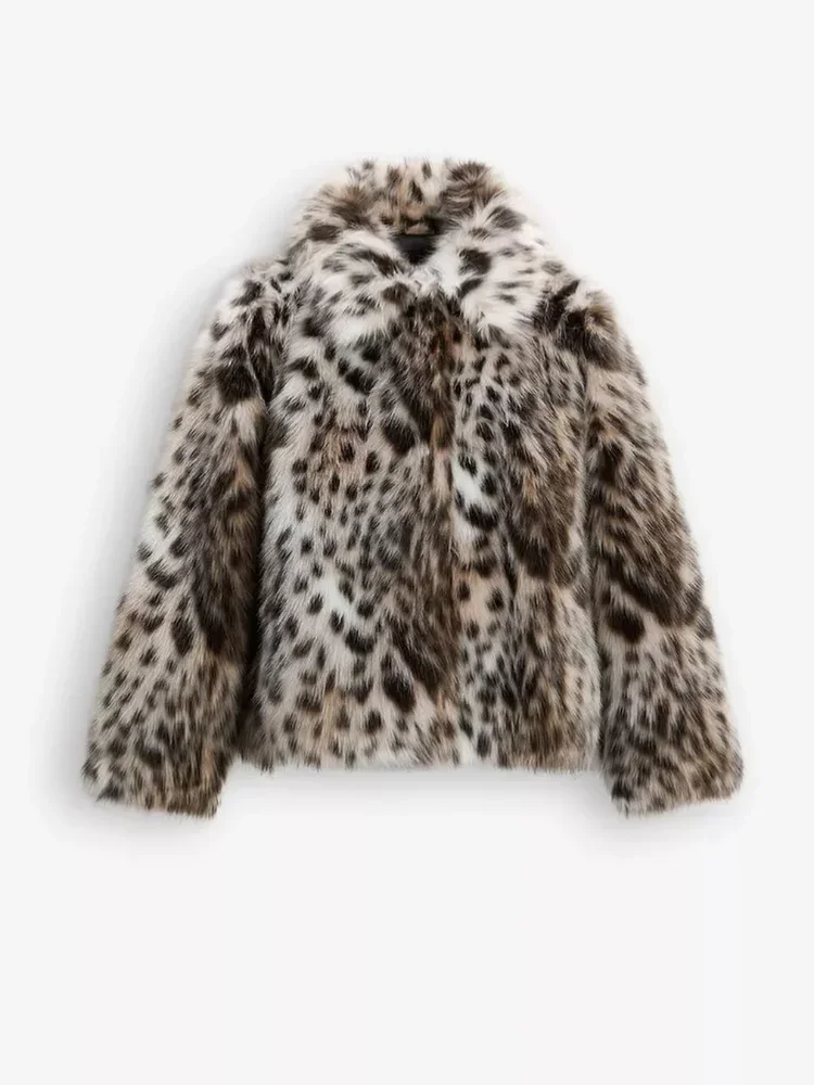 Nova moda leopardo impresso quente casaco de pele do falso chique lapela manga longa feminino fofo jaqueta peluda grosso senhora chique outerwear 2024