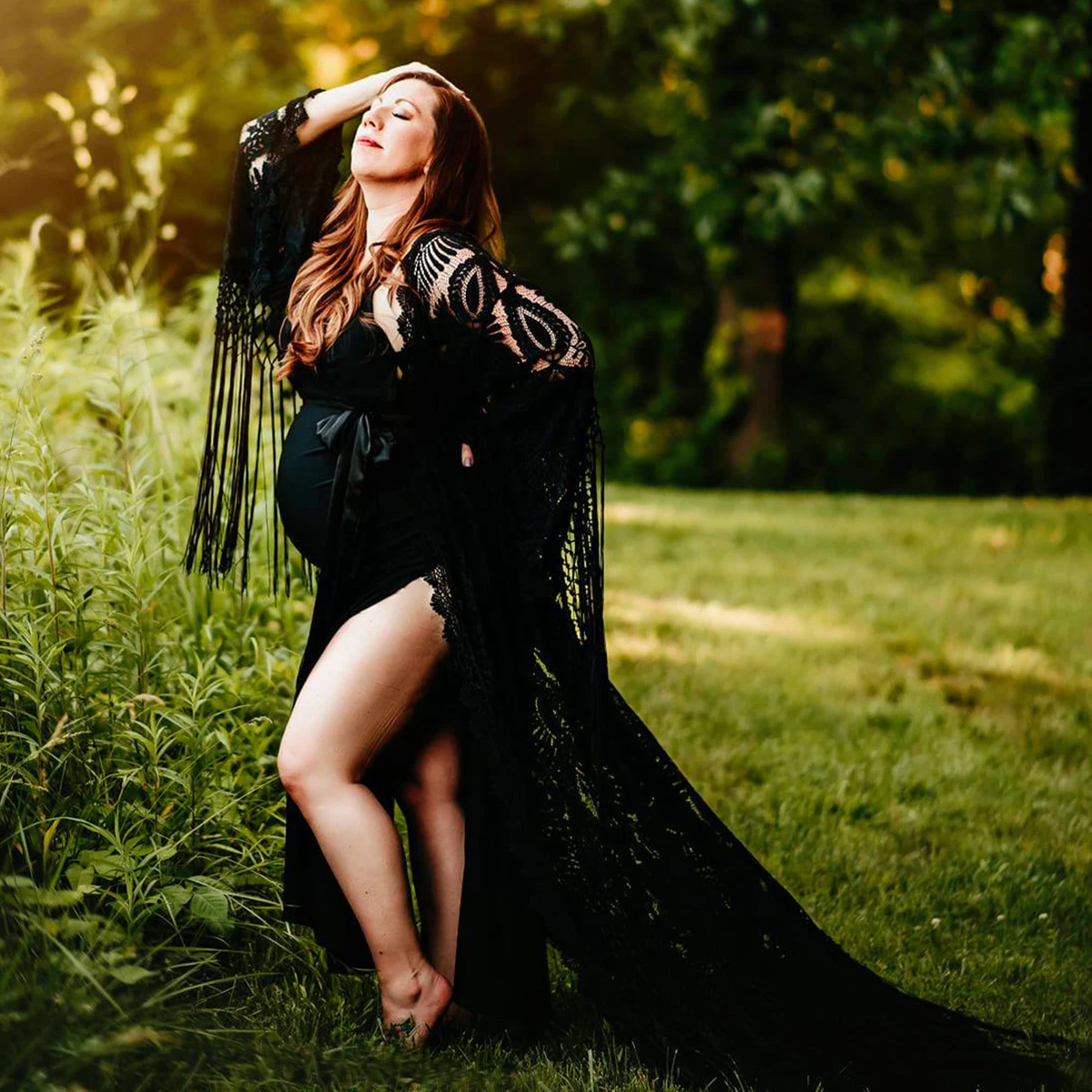 黒ゴシックマタニティ写真撮影ガウンレースローブ自由奔放に生きるロングルーズフリンジスリーブカスタマイズされた 2 ピースタッセルベビーシャワードレス