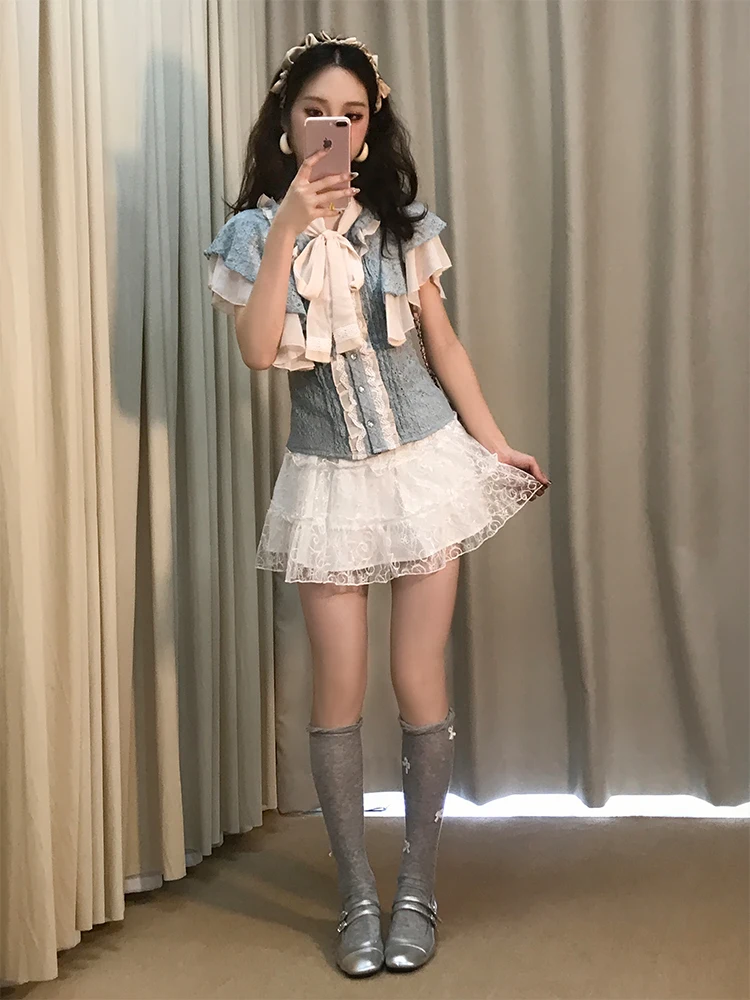 Slimming Lace Patchwork Hemline Short Skirt And Top Set Women's Fashion Summer Outfit Two-Piece Ensemble Gentle Breeze Style