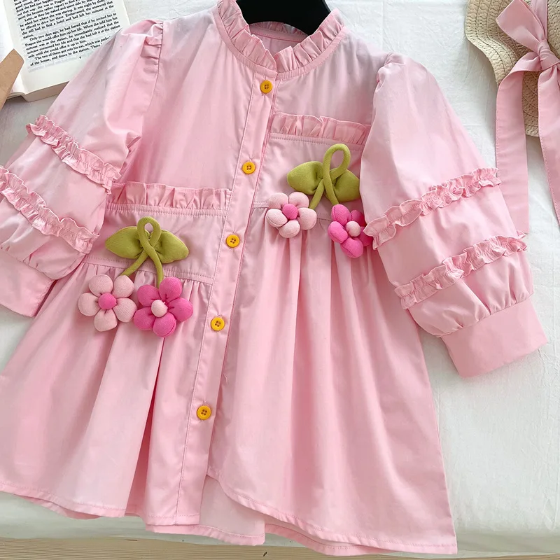 Girls Spring Asymmetrical Blouse Dress Long Sleeve 3D Sunflower Print Casual Dress for Kids Fashionable Toddler Girls Clothing
