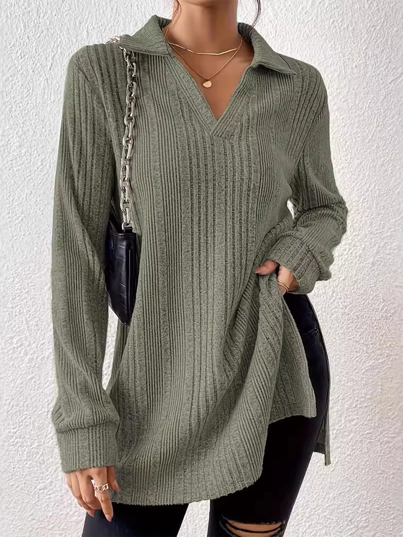 تي شيرت UNIKTEE نسائي طويل الأكمام ورقبة على شكل حرف V أنيق عادي للمكتب للسيدات لخريف وشتاء مناسب بشكل منتظم #1