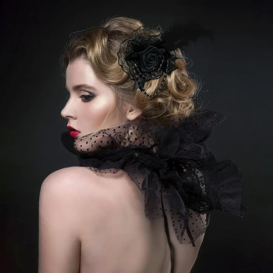 القوطية روز القوس ريشة الدانتيل مع سلسلة اللؤلؤ مشبك شعر اكسسوارات الشعر الزفاف لحفل الزفاف هالوين تأثيري حفلة عيد ميلاد Bl #3