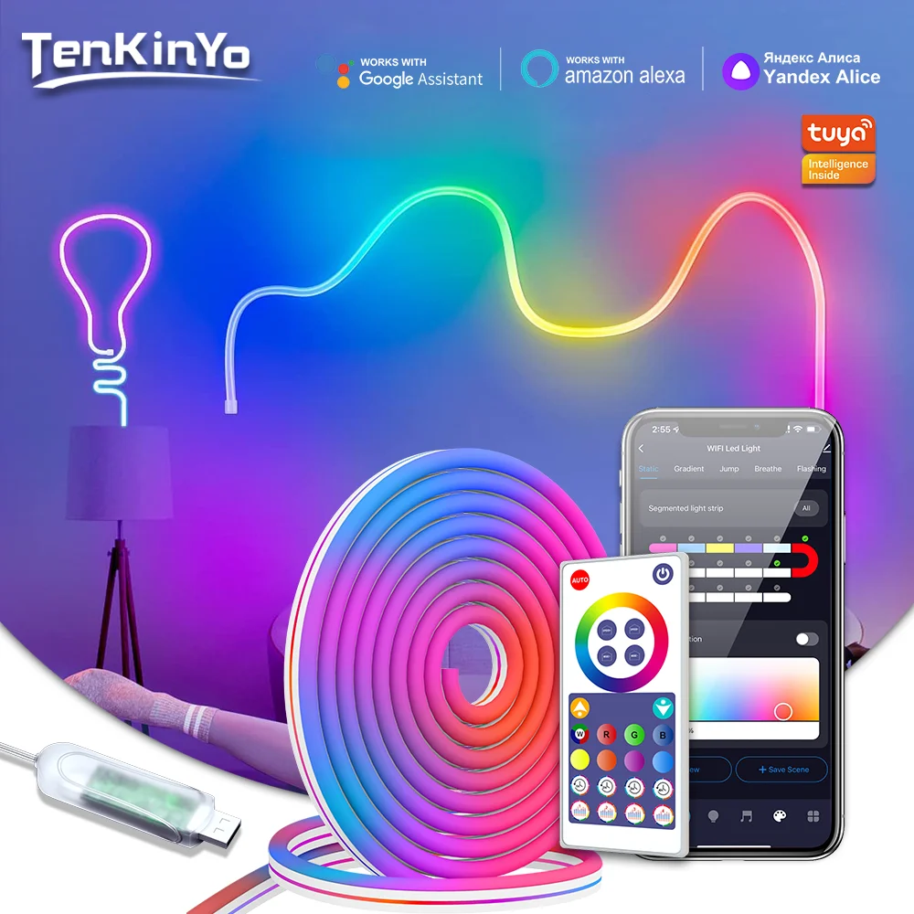 

Светодиодная неоновая лента RGB 3М/5М, гибкая лампа 5В USB с изменением цвета, управление через смарт-приложение, синхронизация с музыкой для внутреннего и наружного декоративного освещения