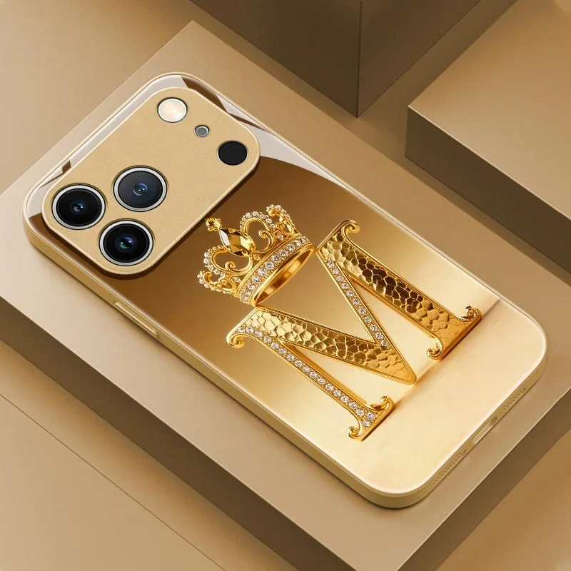 

Luxury Gold Crown Letter M Pattern Metallic Paint Glass Phone Case For iPhone 17 Pro Max 11 12 13 14 15 16 Plus 17 Air 16E Cover