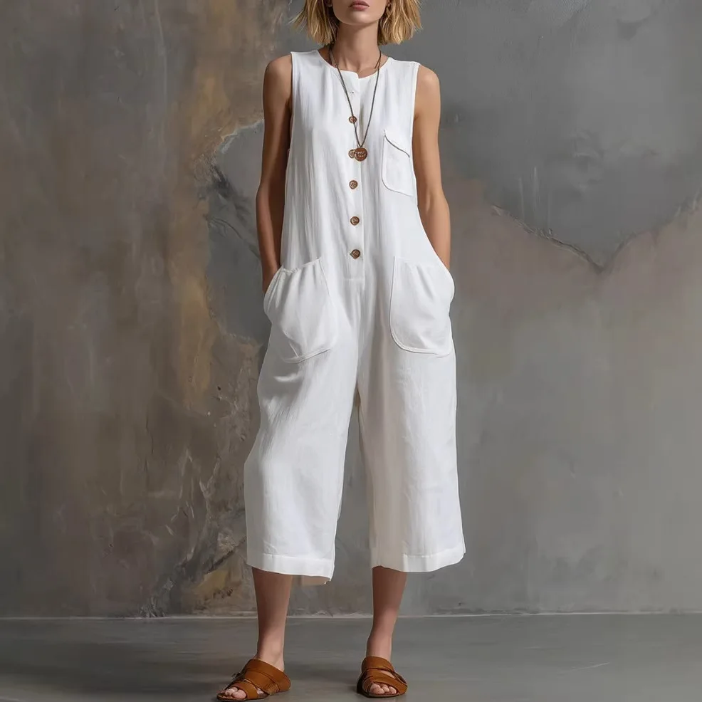 

Linen Jumpsuit Women Spring Summer White Wide Leg Playsuit Retro Sleeveless Romper Casual Culotte Outfit Clothes
