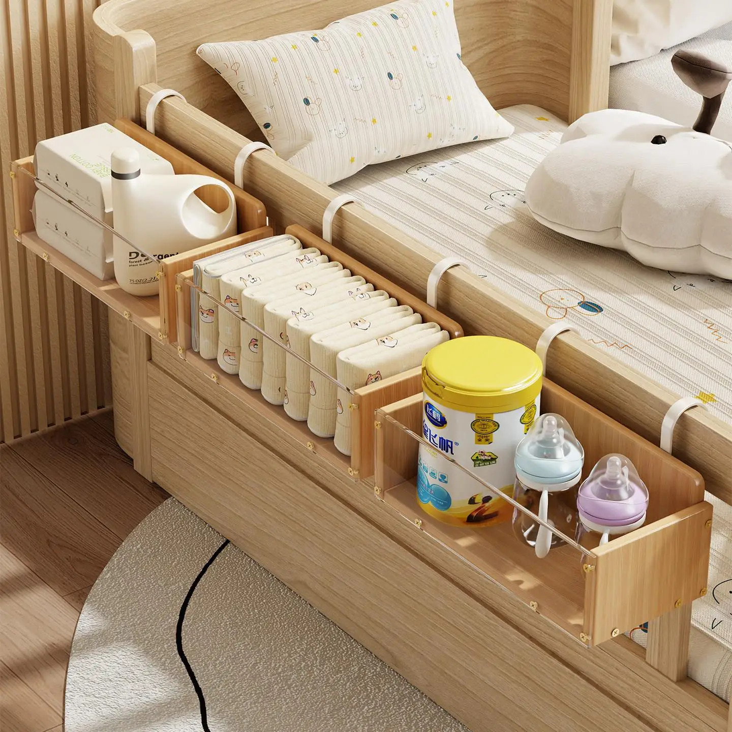 ベビーベッドサイド収納ラックおむつボトルホルダーブルーハンギングバスケットフェンスオーガナイザー育児必需品収納ソリューション