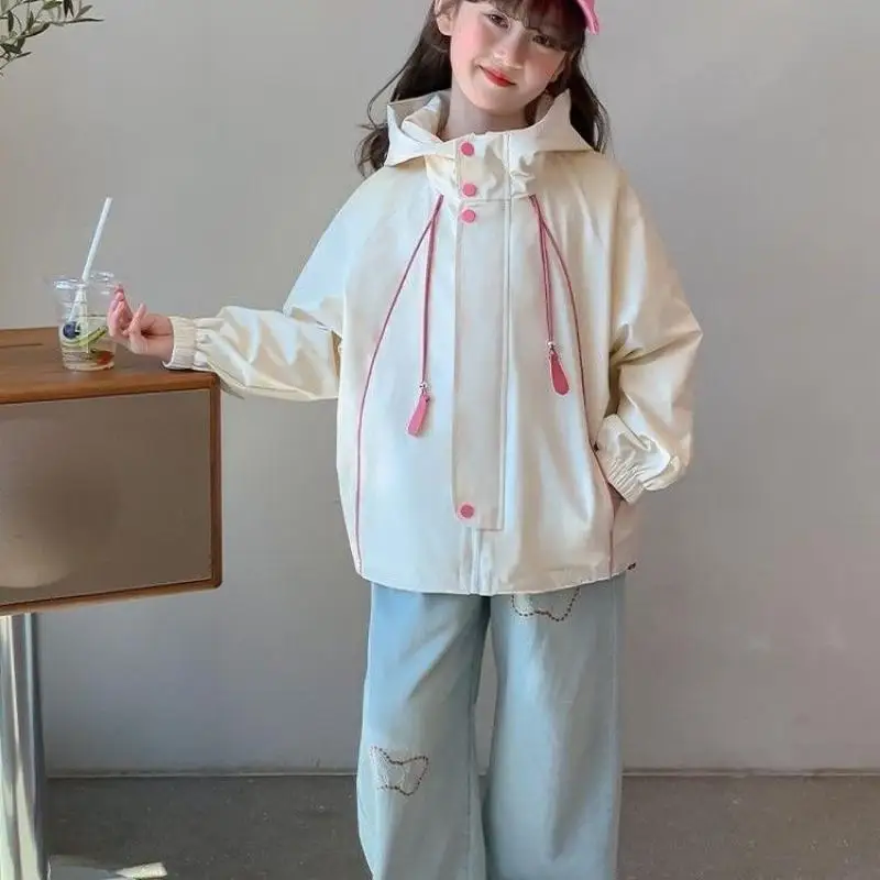 Girls Spring Jacket 2026 New Kids Coat Fashionable Hooded Windbreaker Casual Outerwear for Girls Spring Autumn Children Clothing