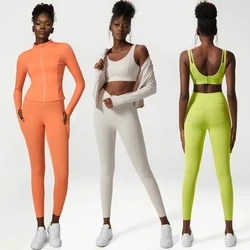 Ensemble fitness et yoga pour femmes, 2/3 pièces, veste à manches longues, soutien-gorge sexy, taille haute, leggings d'entraînement