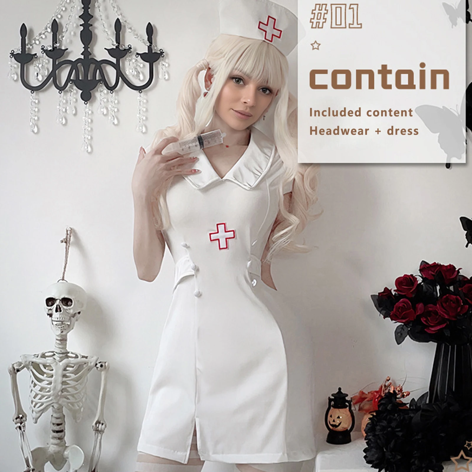 

Women Nurse Costumes Cross Short Sleeve Collared Mini Dress with Hat Halloween Cosplay Outfit