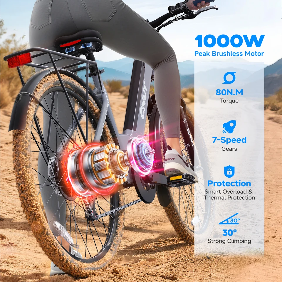 QNUT Electric Bike1000W Peak Commuter Ebike with 48V10.4Ah Built-in Battery 26" City Step Through E-Bike 7-Speed 65Miles 20Mph Urban Electric Bicycles for Women Men Teens image 3