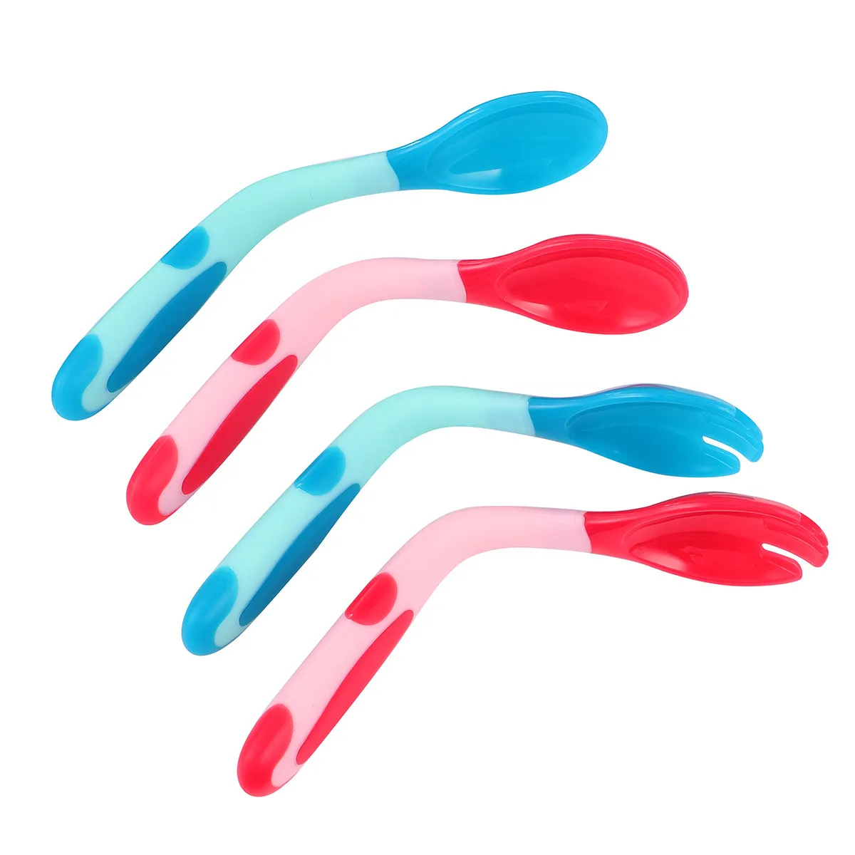 

2 комплекта детских столовых приборов: ложка и вилка, гибкие, с нескользящей ручкой, легкие, удобные для захвата, обучающая посуда для малышей