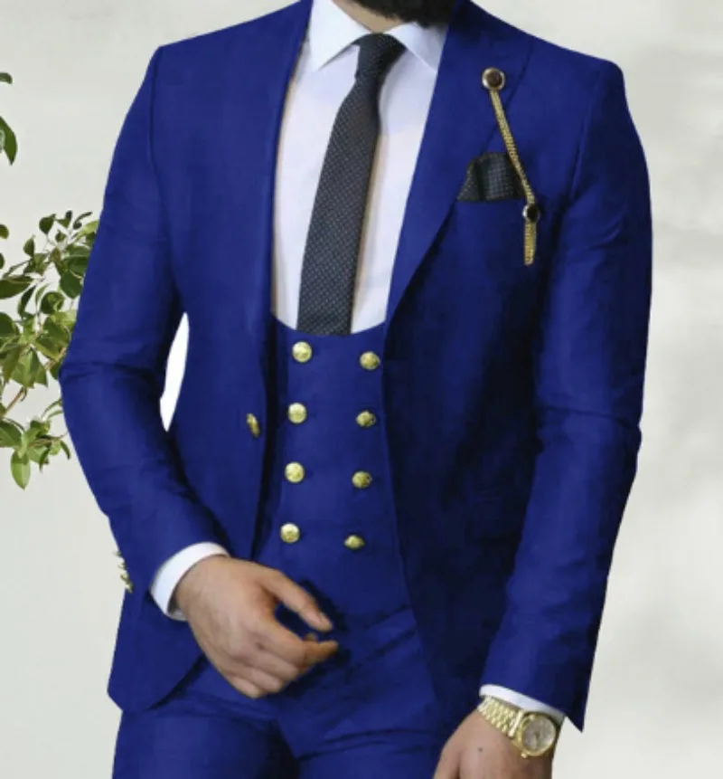 

2025 Costume Homme Italian Business Slim Fit 3 Pieces Royal Blue Men Suits Set Groom Prom Tuxedos Groomsmen Blazer For Wedding