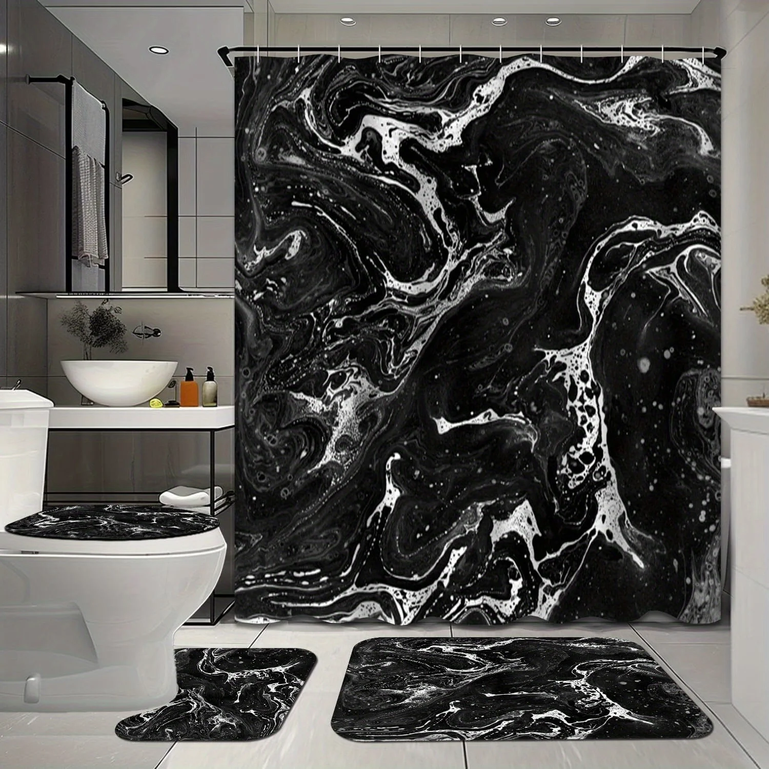 

Elegant Black Marble Print Shower Curtain Four-Piece Set - Modern Bathroom Decor for a Sleek and Stylish Ambiance