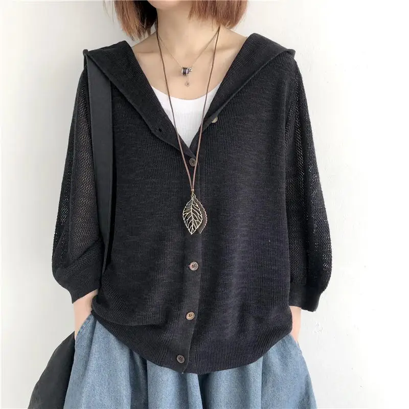 Knitted cardigan outerwear for women\'s spring and summer new solid color loose oversized hooded top with thin cut out 7/4 sleeve