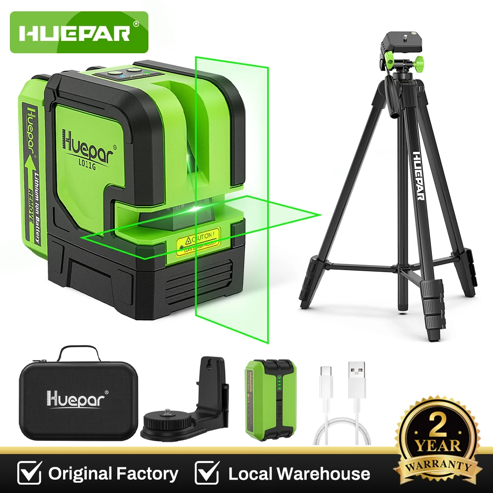 Kit Livella Laser a 2 Linee Huepar con Treppiede da 1,52M, Raggio Verde, Autolivellante, Linea Incrociata, Batteria Li-ion, Modalità a Impulsi, Strumenti Laser