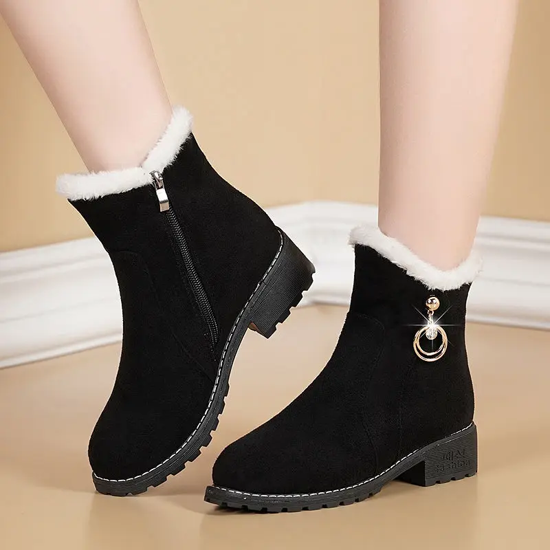 New Women Boots Winter Outdoor Keep Warm Fur Boots Waterproof Women\'s Snow Boots Thick Heel with Round Head Short Boot