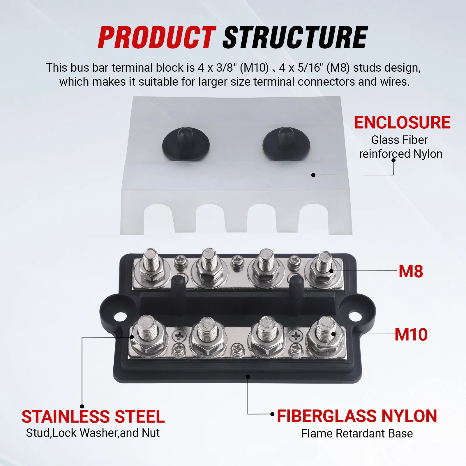 8-Wege M8 M10 Busbar 12V-48V 250A DC Hochleistungs-Plus-Minus-Stromverteiler Batterie-Anschlussklemmen Verteilerkasten – Detail 2