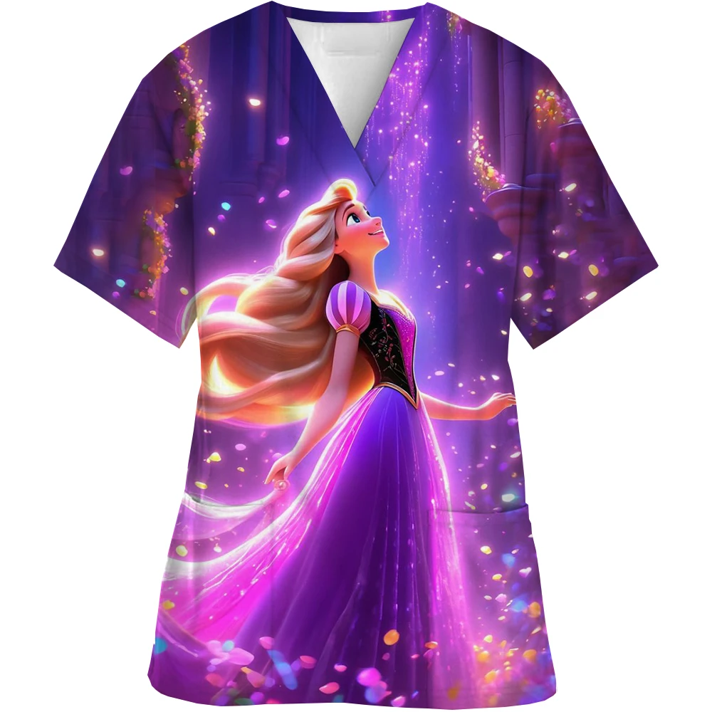 Disney Princess Women Uniform Print Frozen Elsa Snow White Short Sleeve V-neck Tops Femme Blouse Nurse workMedical Uniforms