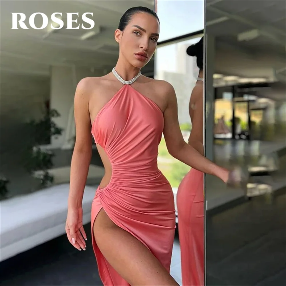 ROSES-Robe de Soirée de Forme Sirène Rose Simple avec Plis, Col Licou, Hanches Rondes, Fente Latérale Haute