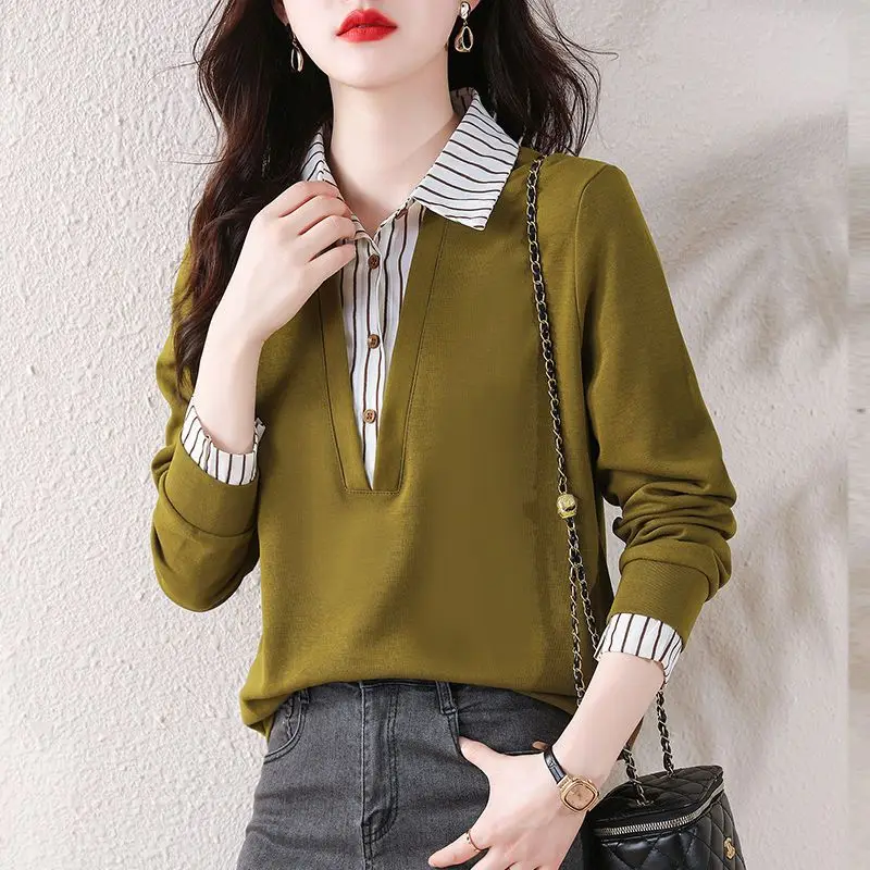 Spring Autumn Polo-neck Vintage Striped Patchwork Pullover Blouse Female Fake Two Pieces Loose Casual Tee Top Women\'s Clothing