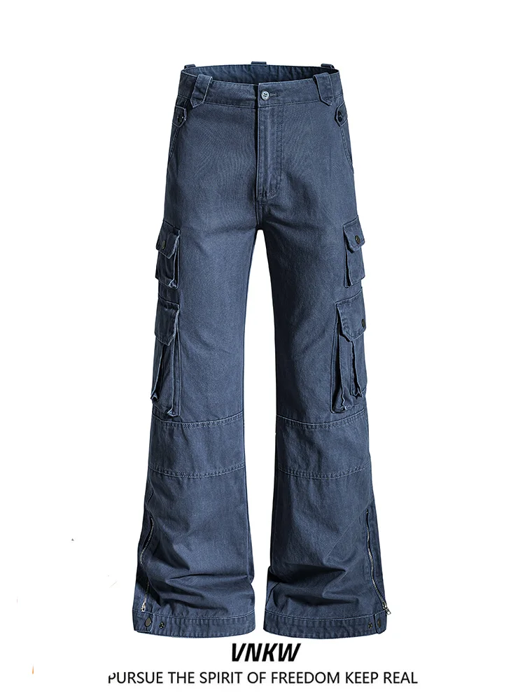 American High Street Vibe Loose Straight Casual Long Jeans Men Women Heavy Design Sense Micro Flare Denim Pants Multi Pocket