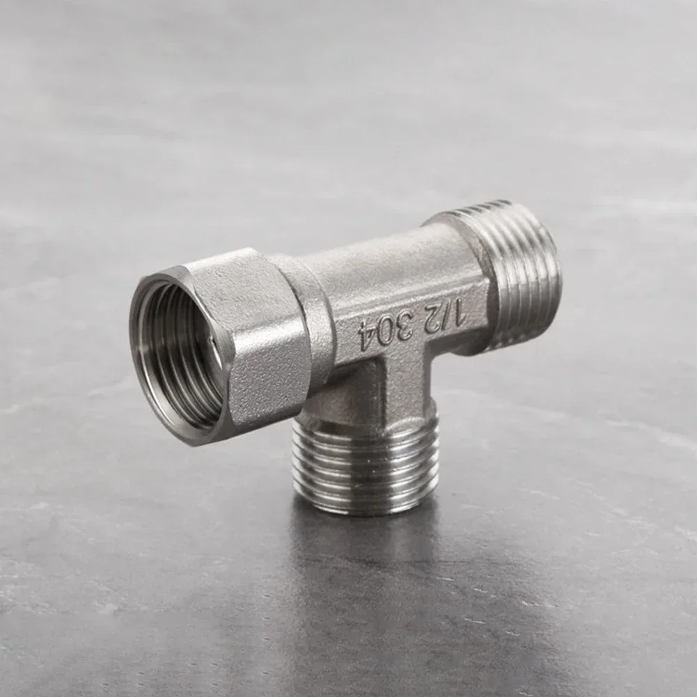 Válvula desviadora de vaso sanitário 304, adaptador t de aço inoxidável g1/2 ", válvula t prateada, uso durável para pulverizador de bidê de vaso sanitário, água de três vias, 1 peça