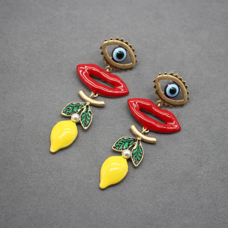 Personalised Devil\'s Eye Earrings Enamel Lemon Lipstick Earrings Street Accessory Long Exaggerated Earrings Gift