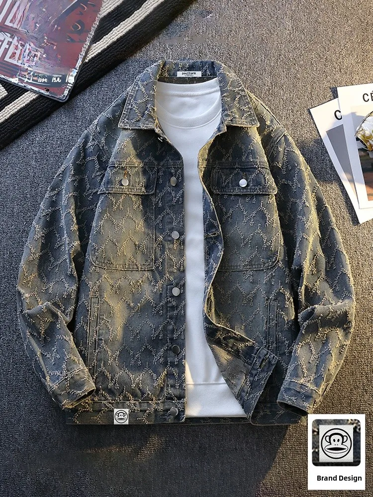 

PaulFrank Loose Fit Denim Jaet for Men Autumn Casual Wear Big Mouth Monkey Embroidery Couple Sle Cotton Polyester Blend