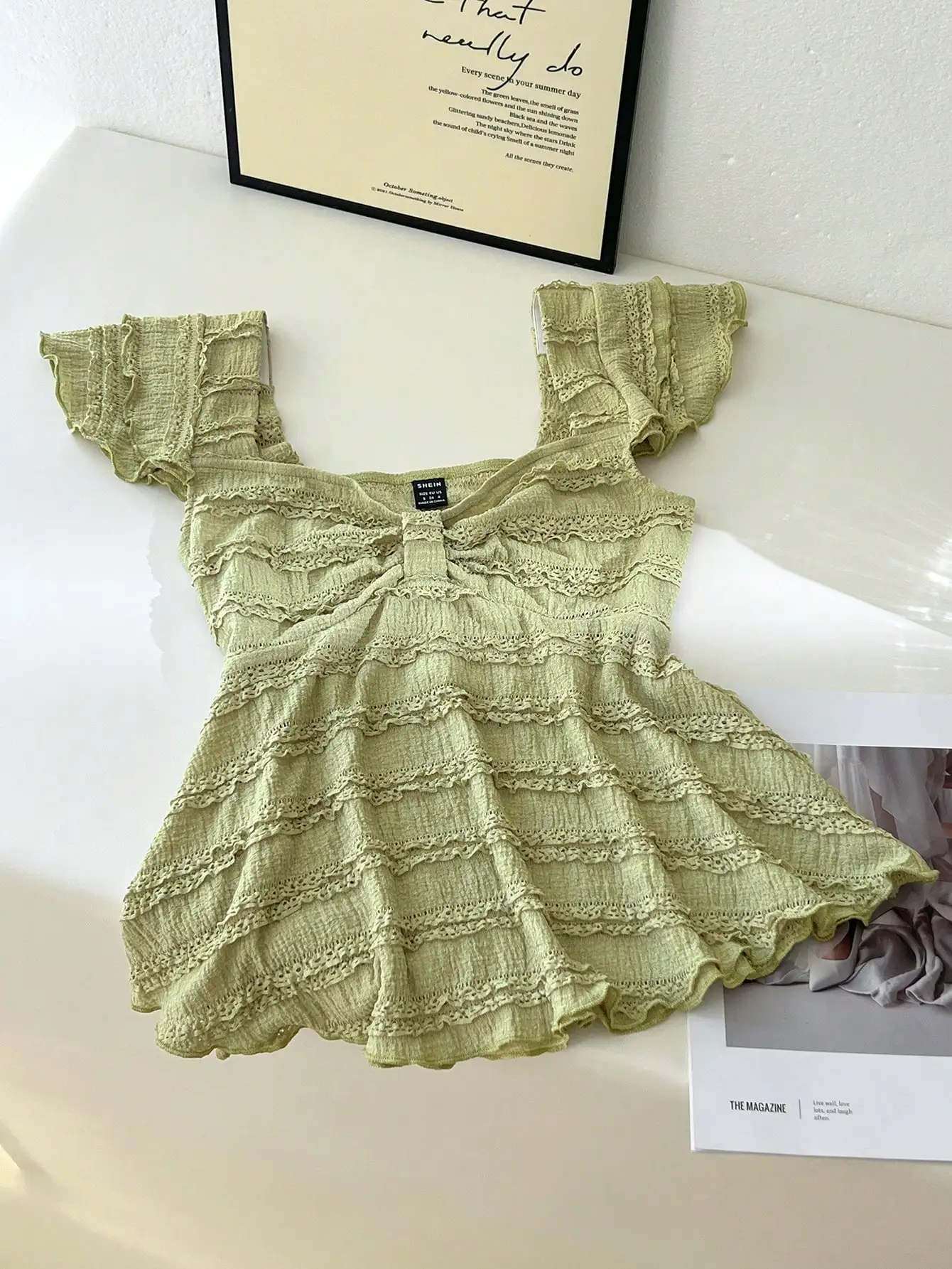 

Lime Green Square Neck Ruffled Lace Trim Loose Blouse for Women