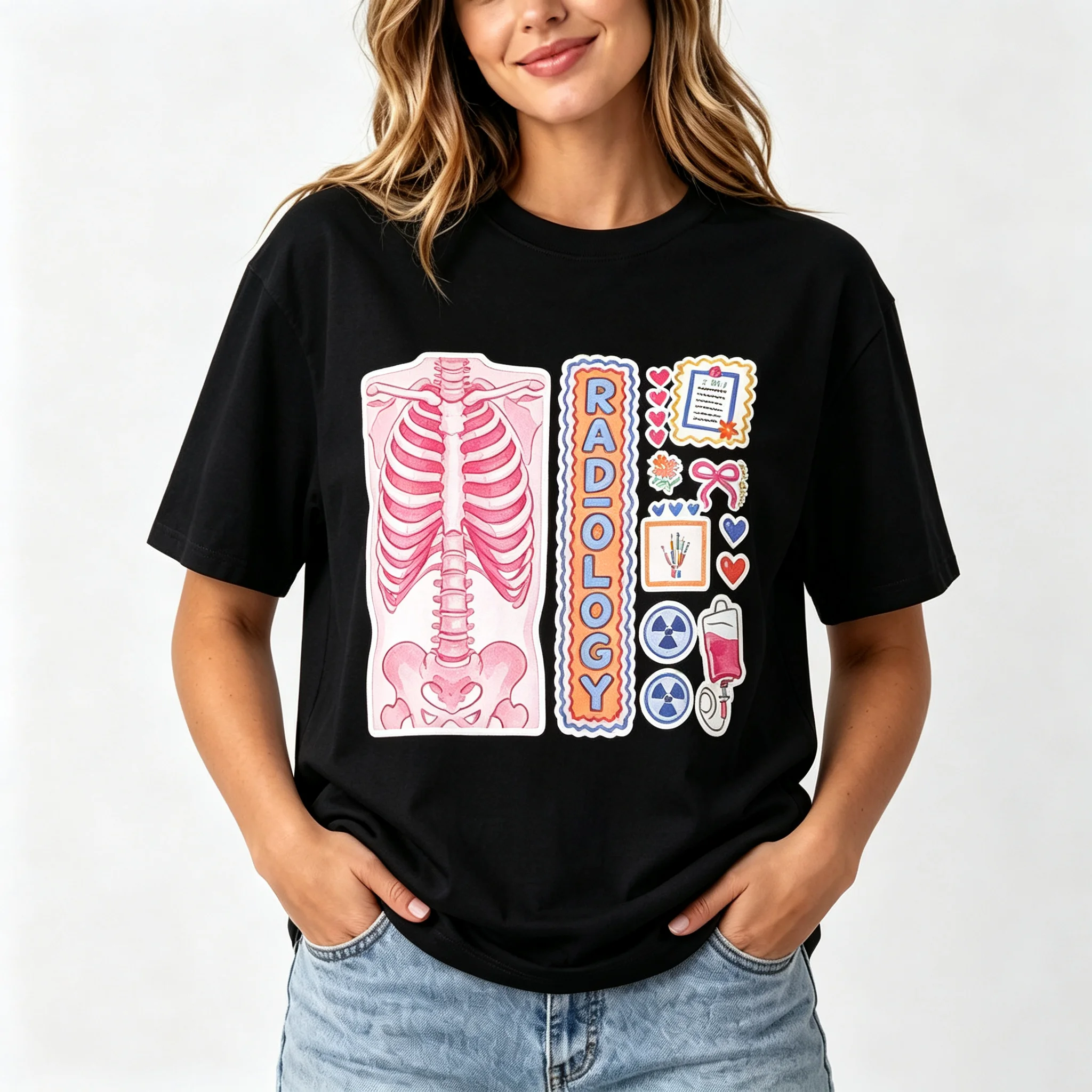 Radiology Skeleton X Ray Medical Worker Graphic T Shirt Cute Pink Anatomy Print Short Sleeve Tee