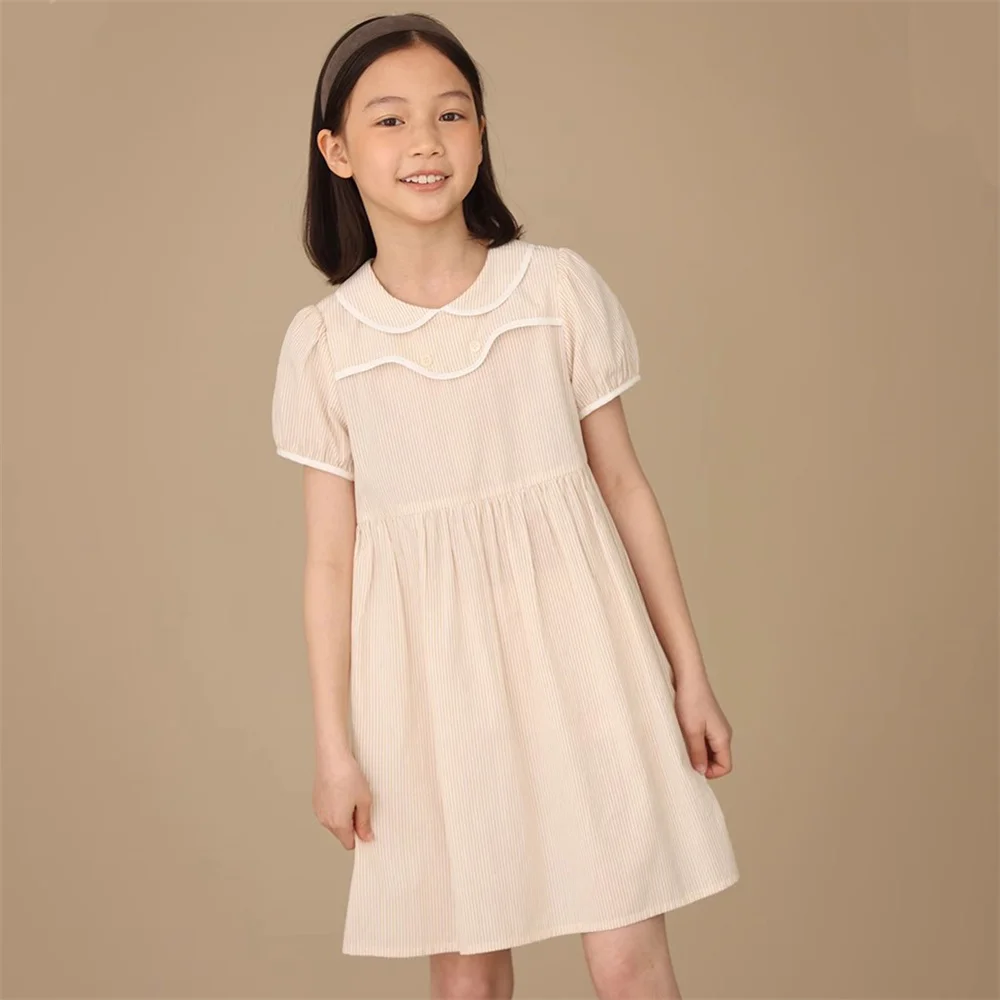 

Teens Girls Vintage Striped School Dress Turn Down Collar Summer Casual Dresses A-line Dress for 4-12 Years Kids Clothes Girls