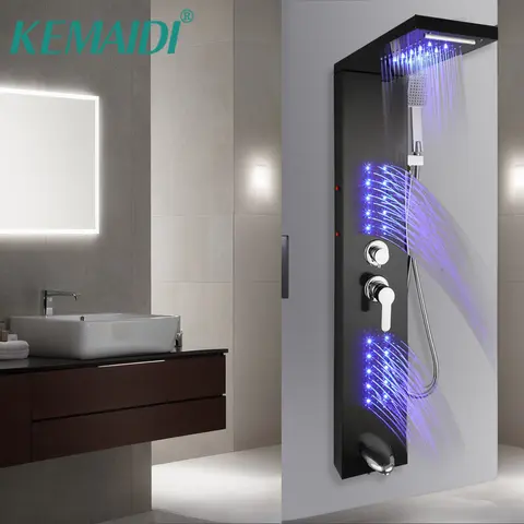 KEMAIDI Stainless Steel Shower Panel Tower System LED Shower Head 5-Function Faucet Rain Massage System with Body Jets Shower