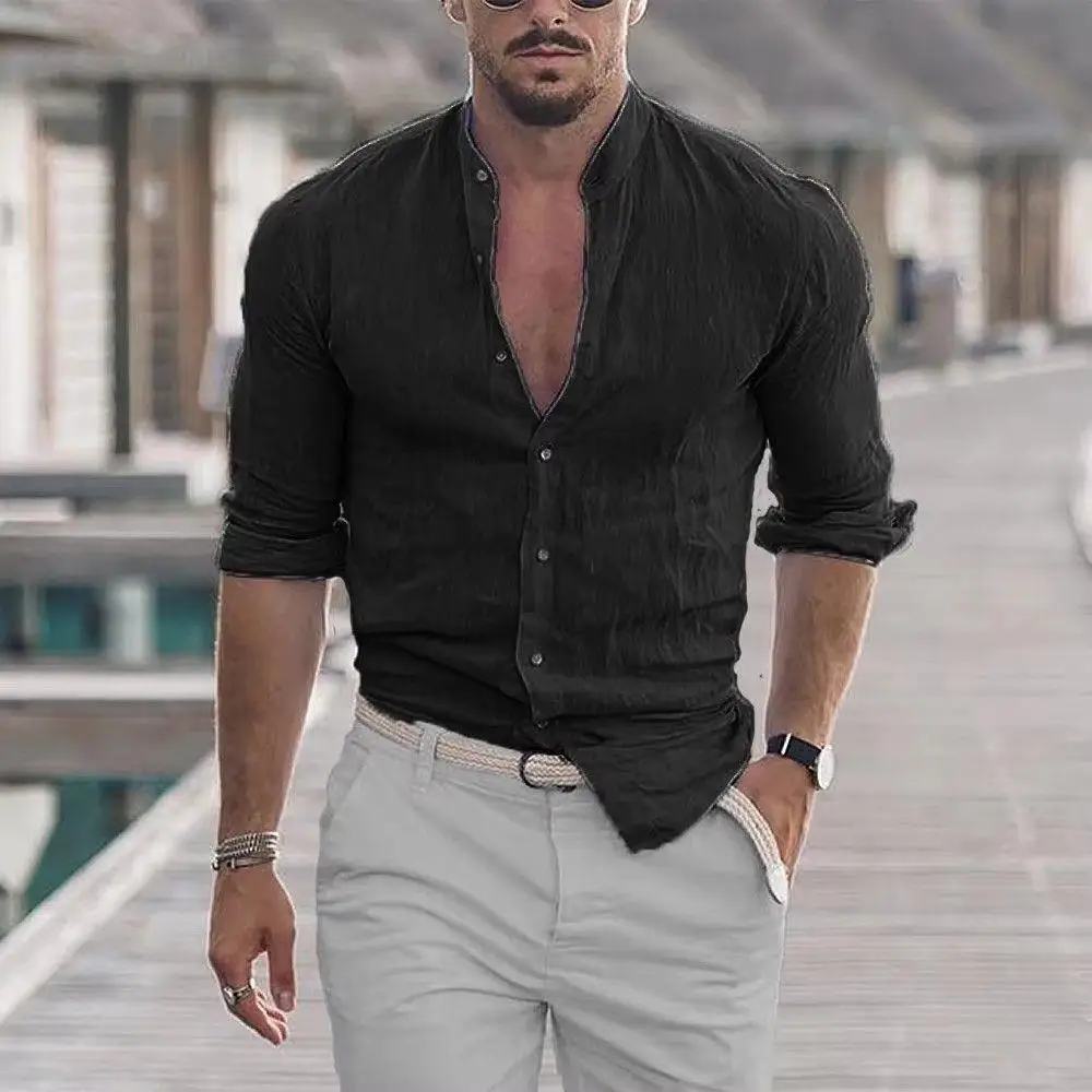 

New Men's Cotton Linen Casual Shirt Single Button Stand Collar Breathable Simple Fashion mid Young Adult Male Shirt