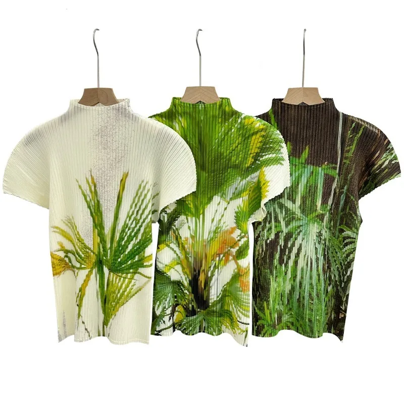 Miyake Pleated Forest Print T-Shirt 2026 Summer Green Plant Oil Painting Pleats Stand Collar Shoulder-Fitted Draped Slim Fit Top
