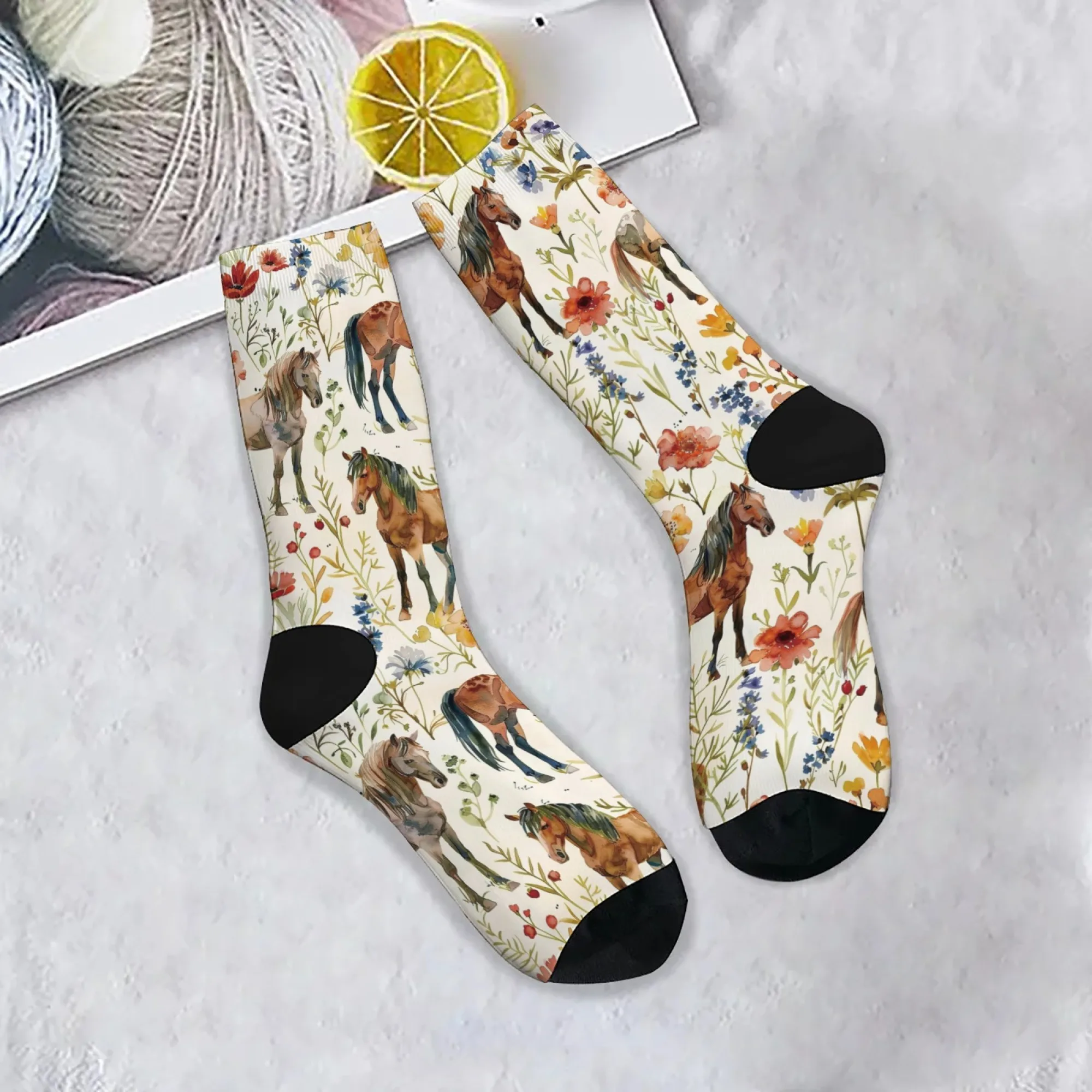 

Novelty Floral Horse Art Men's Socks Retro Style Comfortable Warm Casual Fashion Socks Breathable Anti-Slip Sports Socks Gift