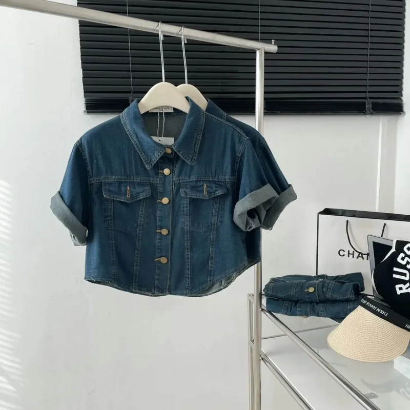 Denim Jacket Shirt Women's Short-sleeved Spring Autumn Korean Style Fashion Retro Lapel Short Top