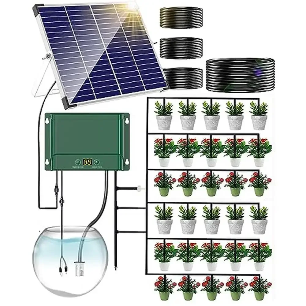 Solar Powered Drip Irrigation System 30 Plants Watering Kit Timer Alarm