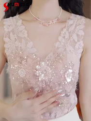 2024 Spring Summer New Feminine Vests Embroidery Flower Beaded Slim-Fitting Beauty Back Women's Vest Lace Inner Match Tops
