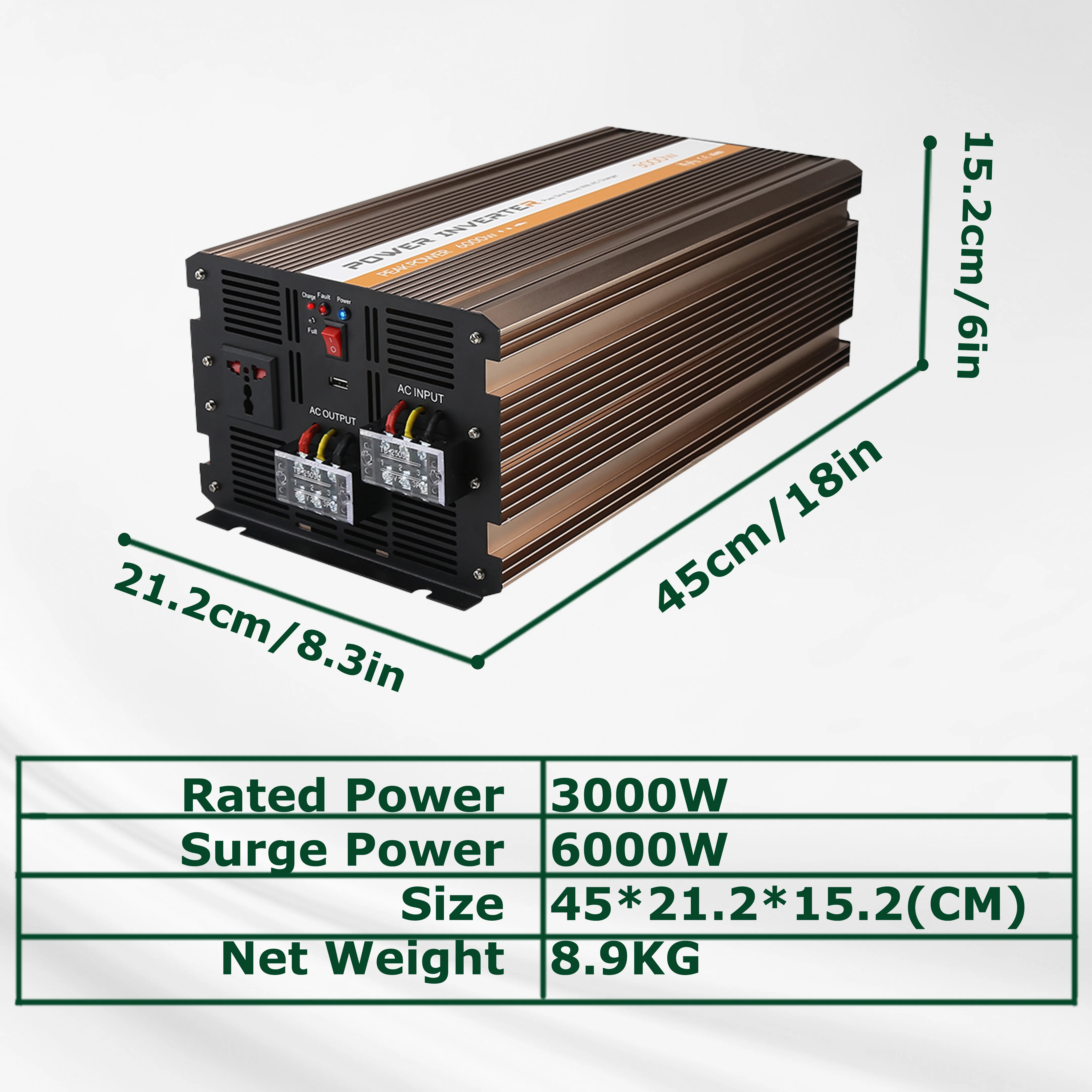 Inverter gelombang sinus murni dengan pengisi daya, 12V/24V/48V 3000W UPS