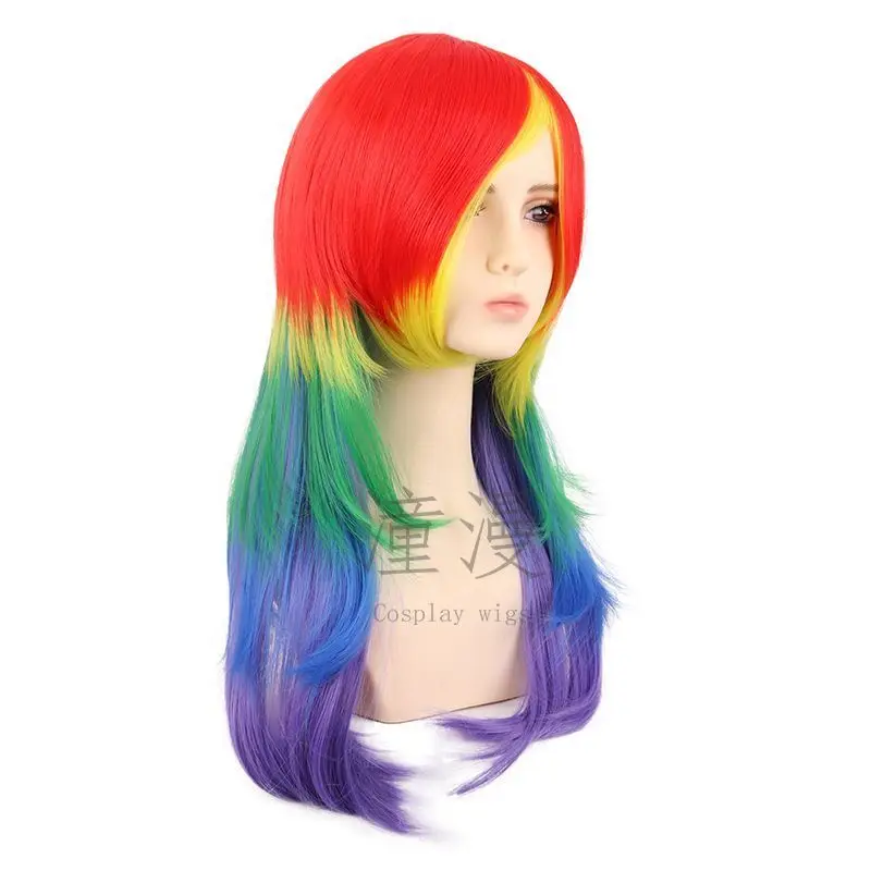 Tongman cosWig60CMAnime أحمر برتقالي أصفر أخضر قوس قزح اللون بلدي ليتل المهر المهر قوس قزح شعر مستعار #3