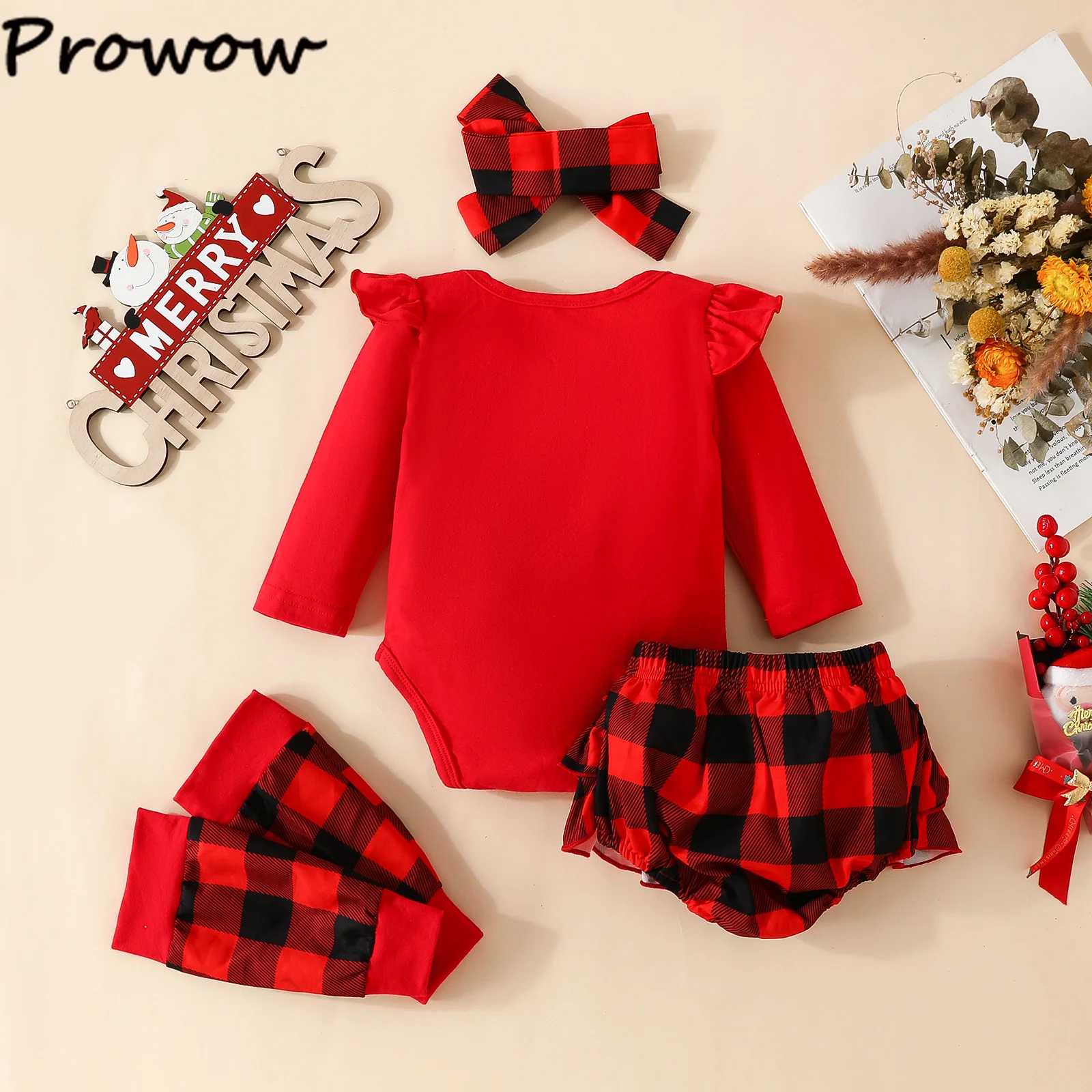 Prowow Baby Girl Christmas Outfits Cartoon Deer Bodysuit+Red Plaid Shorts+Headband+Leg Warmer 4pcs My First Christmas Baby Set