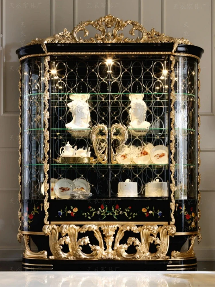 النمط الأوروبي فيلا قاعة النبيذ عرض خزانة خشب متين الذهب احباط غرفة المعيشة جدار خزانة التخزين #5