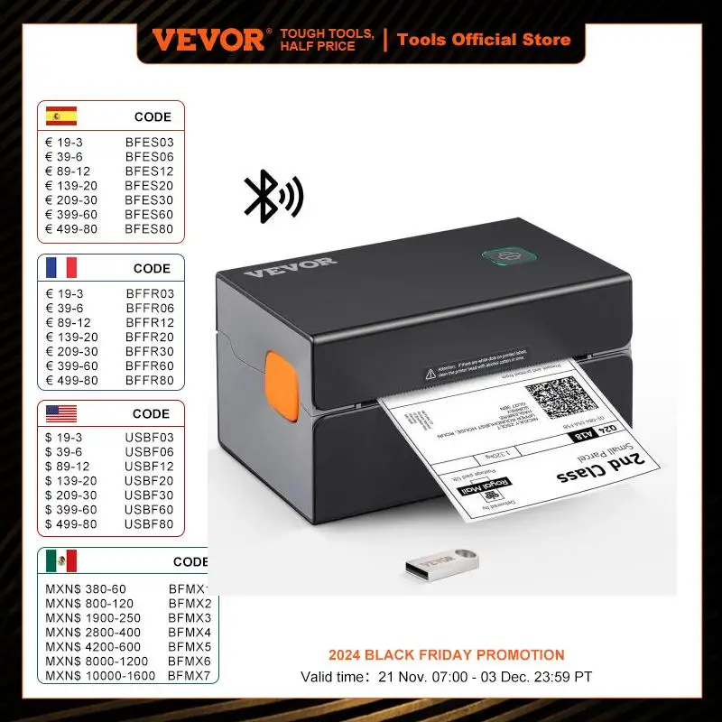 VEVOR Shipping Label Printer Bluetooth Thermal Label Printer W/ Auto Label Recognition Support Windows/MacOS/Linux/Chromebook