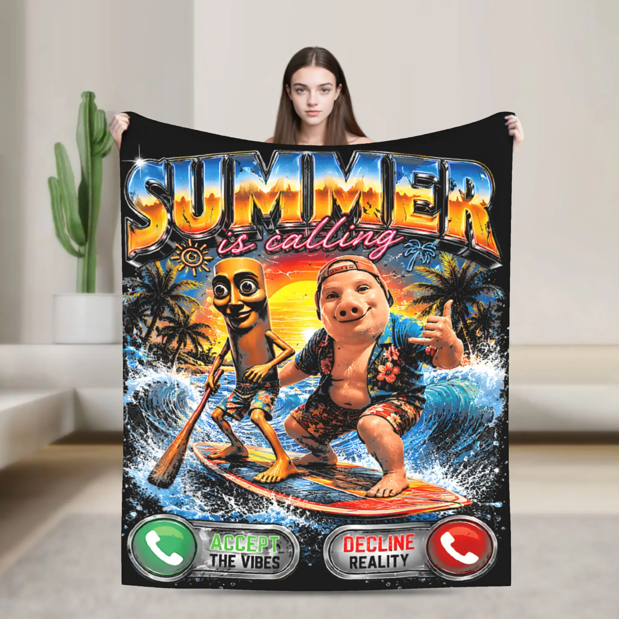Soft Warm Blanket Summer is Calling Tung Tung Sahur John Pork Brainrot Meme Throw Blanket  Flannel Bedspread Sofa Bed Cover