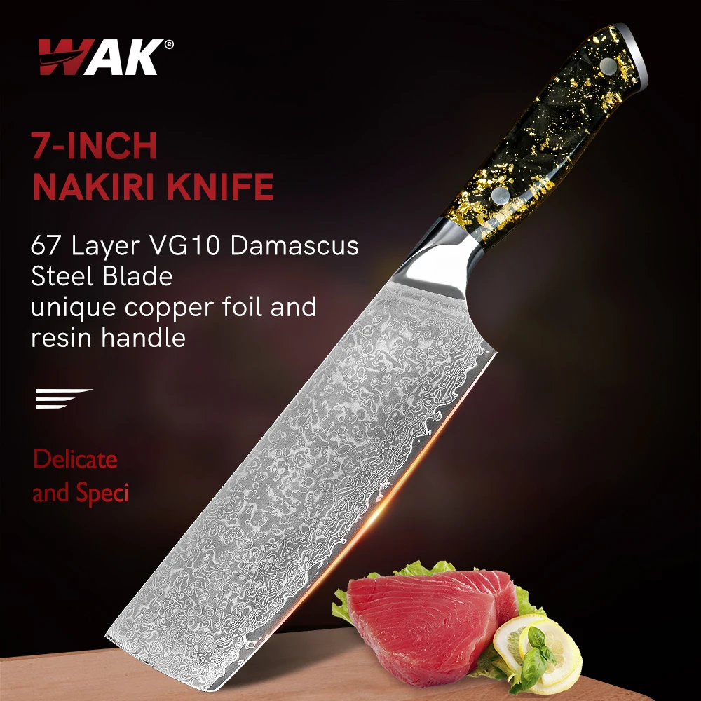 

WAK 7'' Nakiri knife Professional 67 Layers VG10 Damascus Steel Kitchen Knife Full Tang Cleaver Meat Cutting Tools