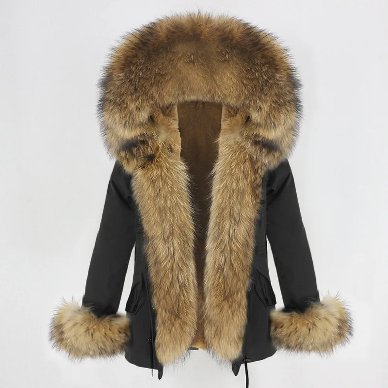 

2025 high quality women's parka coat faux fur lining big raccoon fur collar winter coat jacket