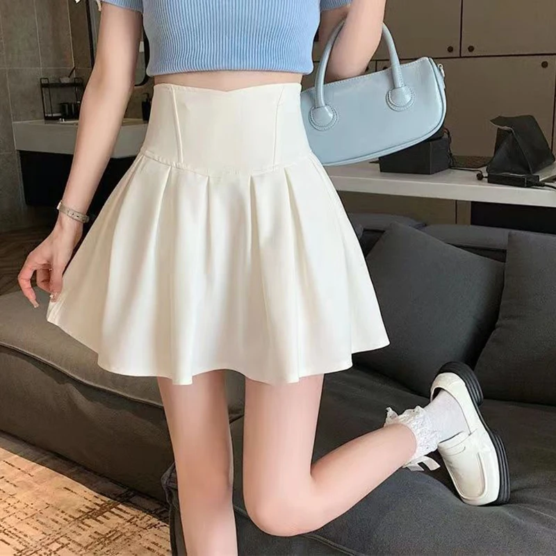 Summer White Pleated Mini Skirts Women Korean Sweet High Waist A Line Skirt Woman Preppy Style Back Zipper Solid Color Skirt